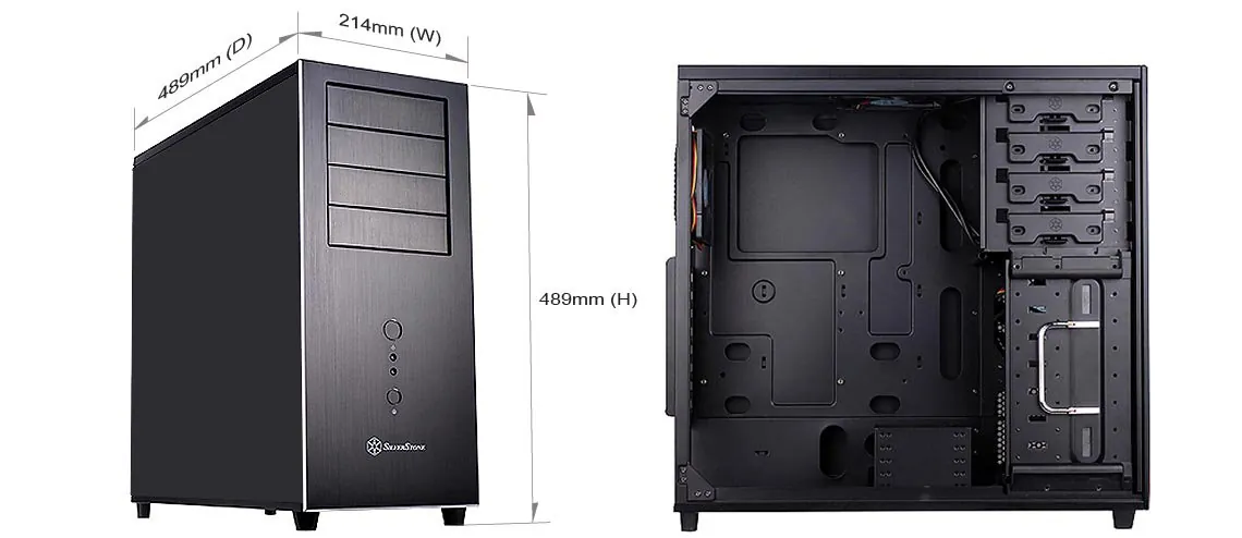 SilverStone Temjin TJ04B-E Midi Tower Arvutikorpus — eestvaade ja pordid
