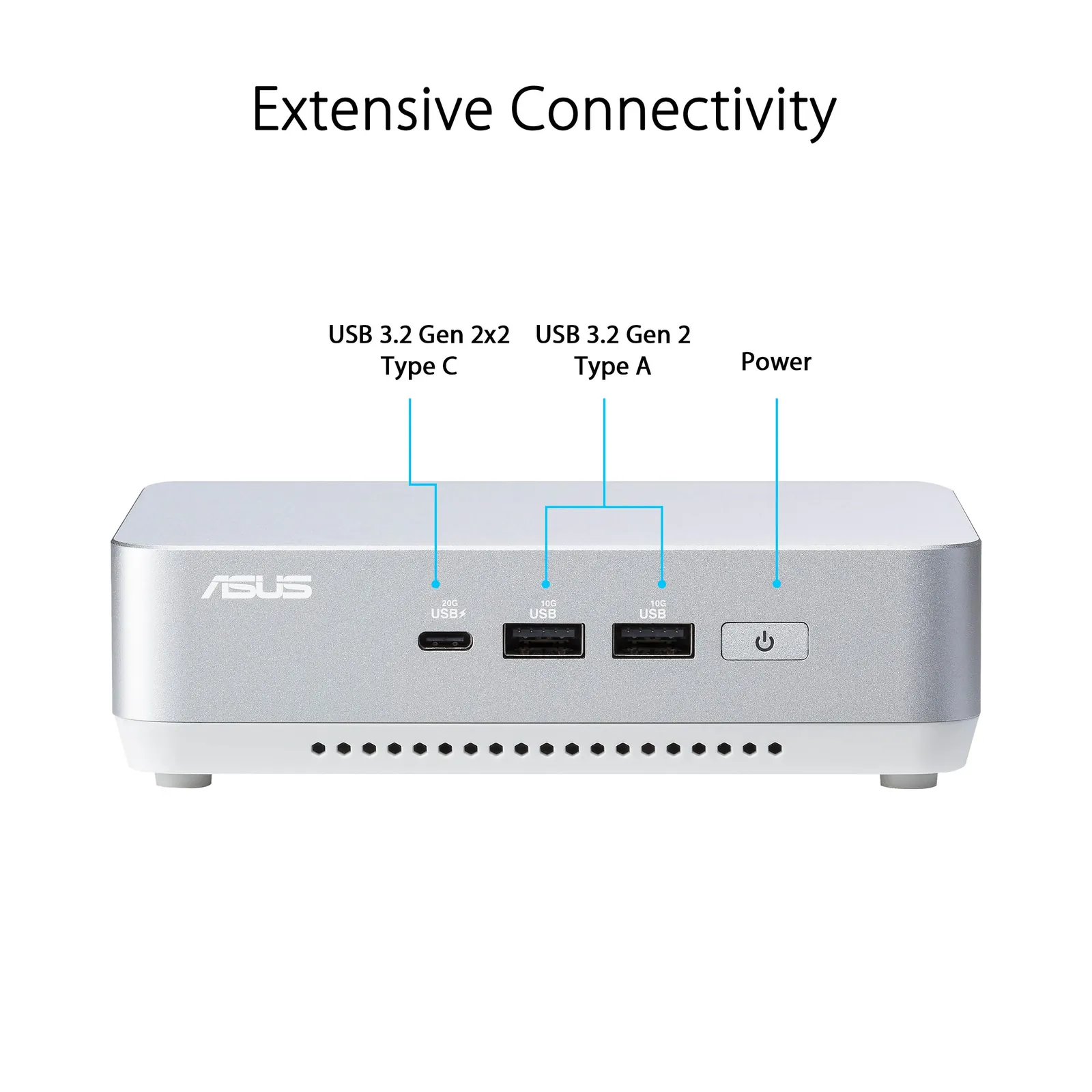 ASUS NUC 14 Pro+ Mini-PC Barebone – Kompaktne Jõudlus — eestvaade ja pordid