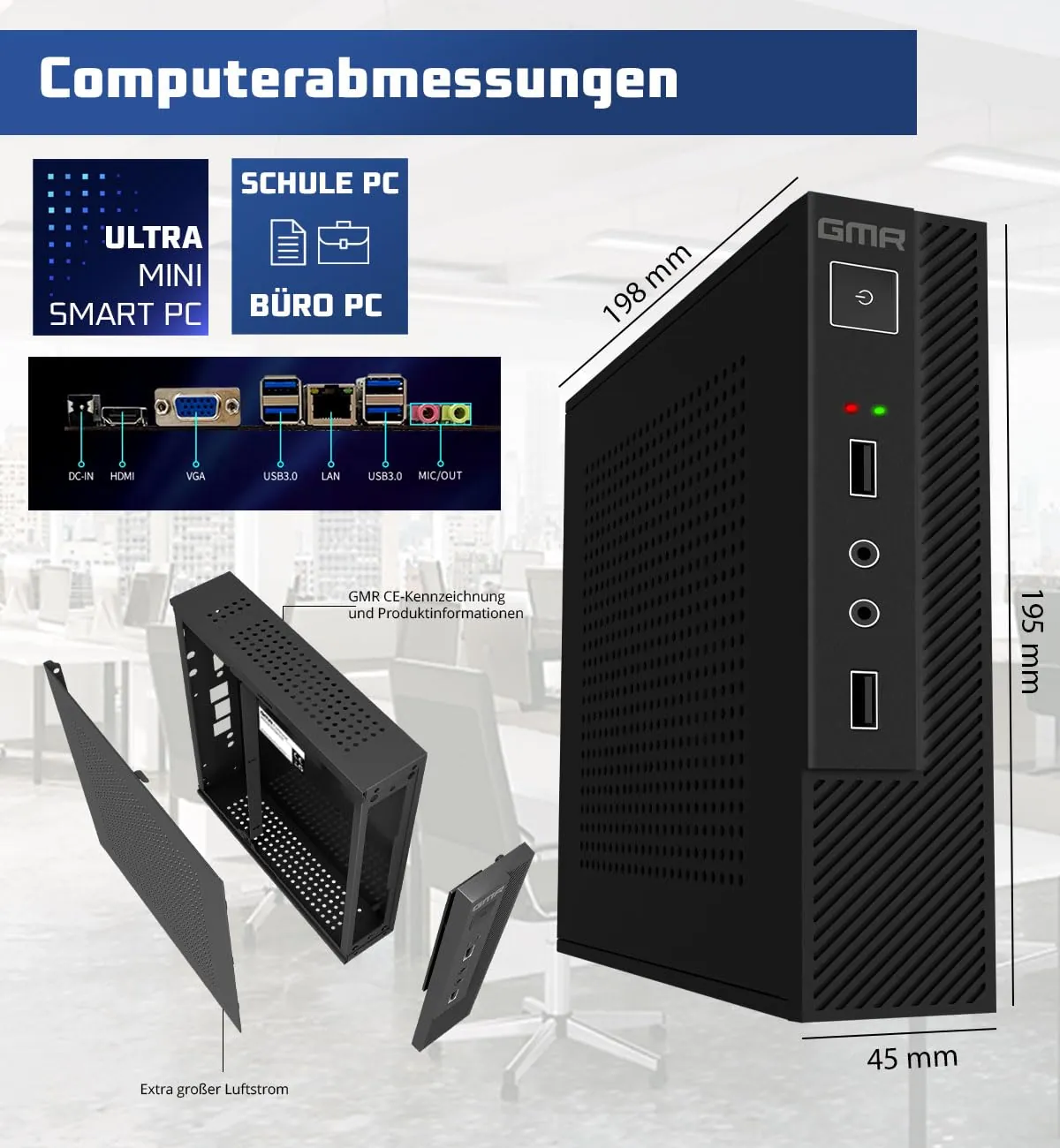 GMR Ultra Smart Mini i7 kontorikompuuter — eestvaade ja pordid
