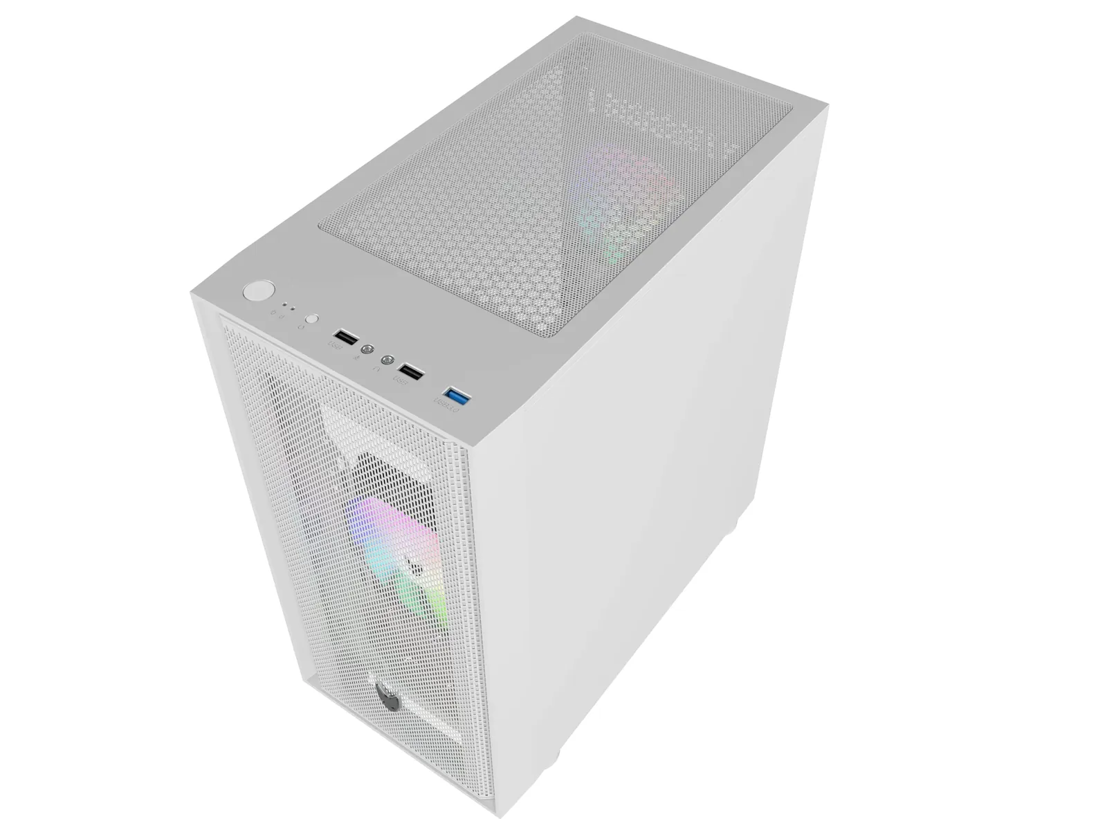 Oversteel Aeris valge Micro ATX/ITX arvutikorpus — eestvaade ja pordid