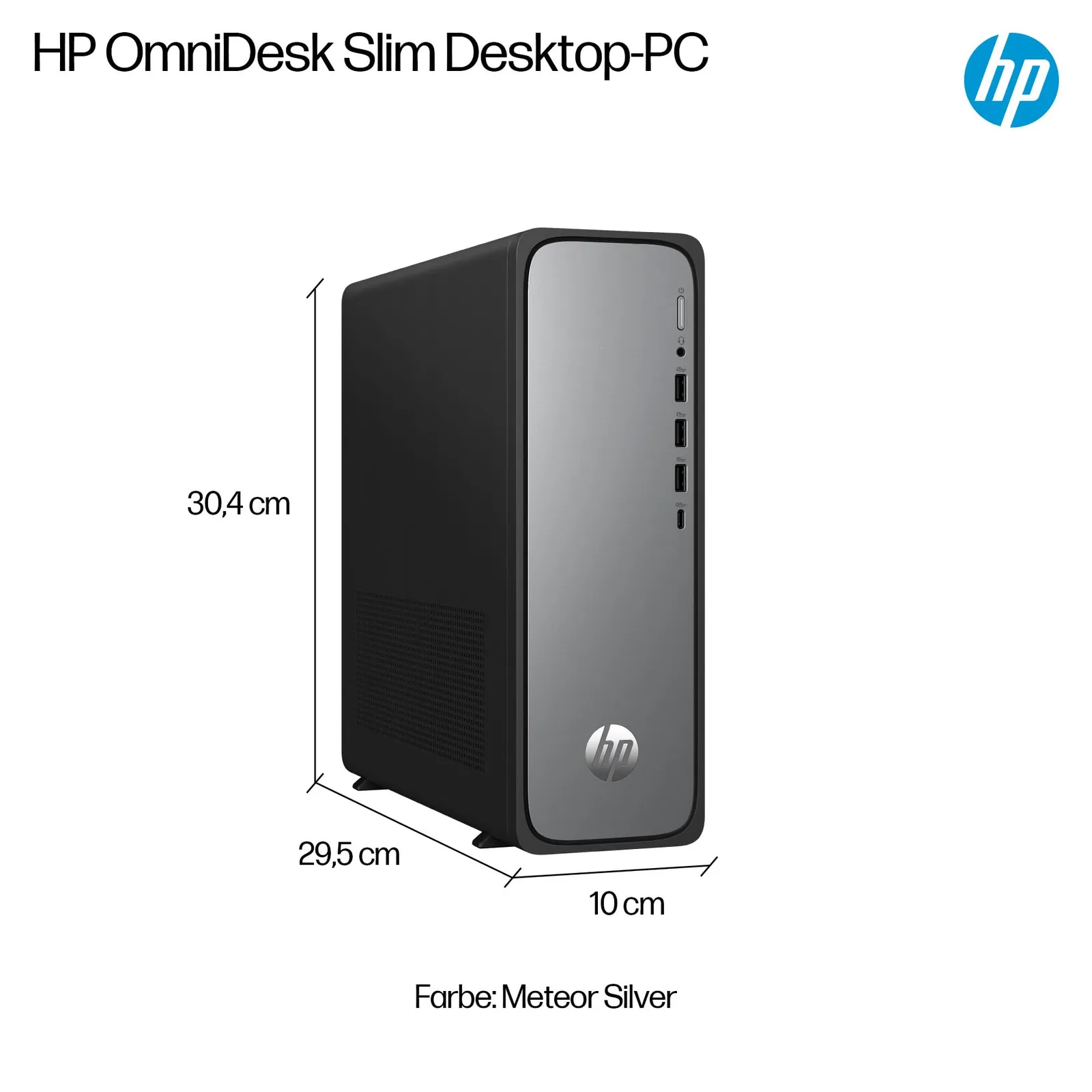 HP OmniDesk Slim S03-0230ng lauaarvuti — eestvaade ja pordid