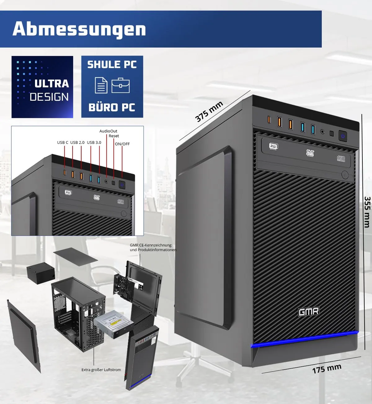 GMR Ultra i7 Office PC – Äriklassi Lauaarvuti — eestvaade ja pordid